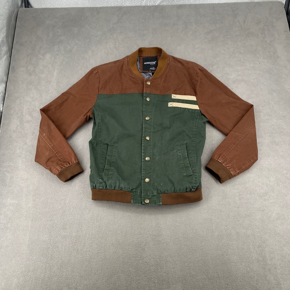 Gusskater Mens Colorblock Bomber Jacket Brown Green Canvas Snap Front XL
